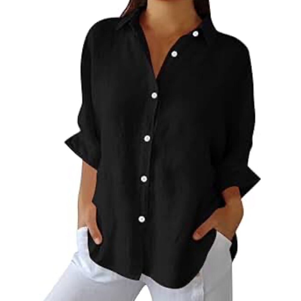 John Mark Black Boyfriend Relaxed Oversized Button Shirt Dress M Tiered Ruffle